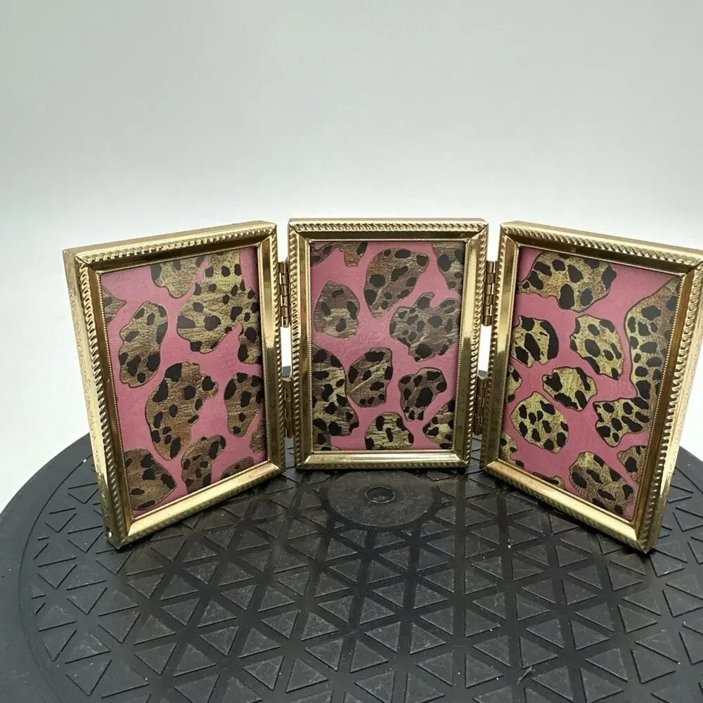 Vtg Gold Metal Tri Folding 3 Panel Picture Frame 2.25x3.25 Hinged